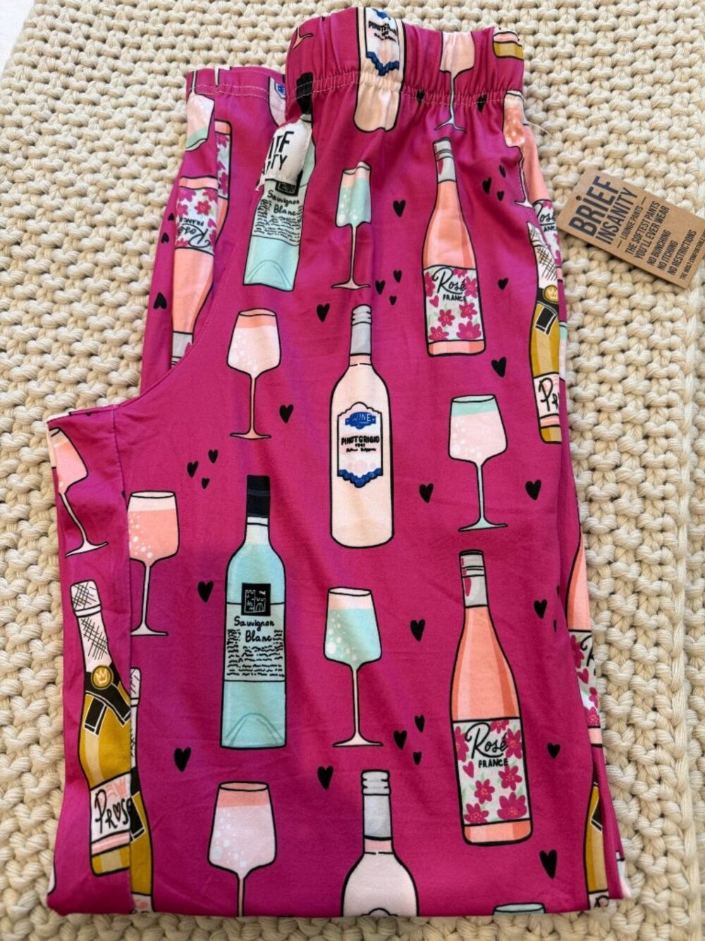 BRIEF INSANITY "LESS THINKING MORE DRINKING" PAJAMA BOTTOMS WINE BOTTLES SMALL N